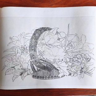 《花篮图夏》材料包：颜料、画框、白描稿、小块绢、小彩图、勾线