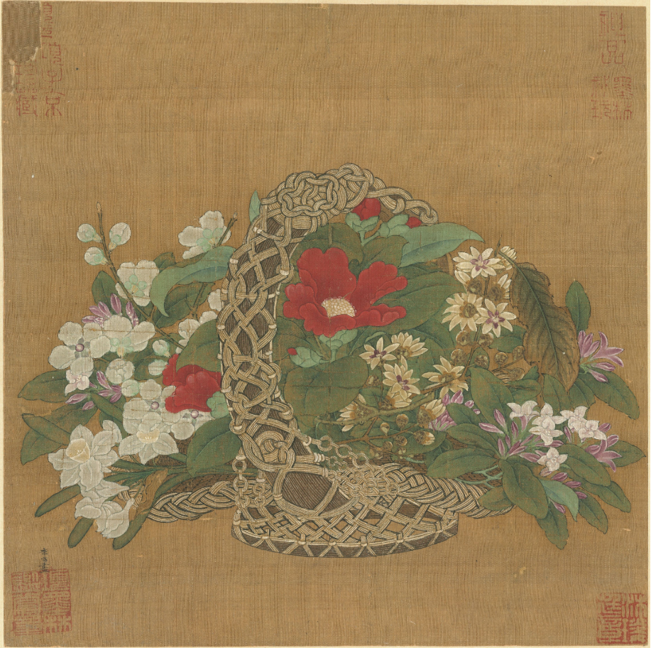 《花篮图冬》临摹课材料包:彩稿线稿绢画框颜料明胶买画料送课程