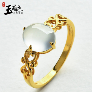 玉萌色天然翡翠戒指女款冰种翡翠蛋面戒指18k金镶嵌正品带证书