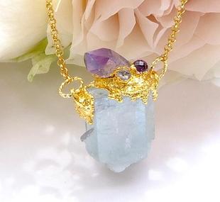 Amethyst㊣ 海外代购 手作华丽精美钻石紫水晶海蓝宝石24k镀金项链