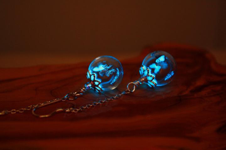 加拿大代购Butterfly◇手作小蝴蝶玻璃泡泡发光夜光925纯银长耳环