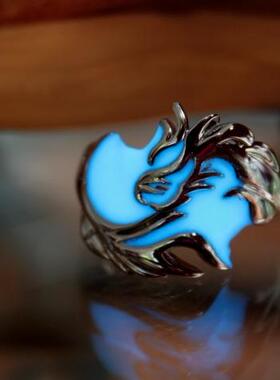 银色龙指环蓝色夜光发光戒指纯银