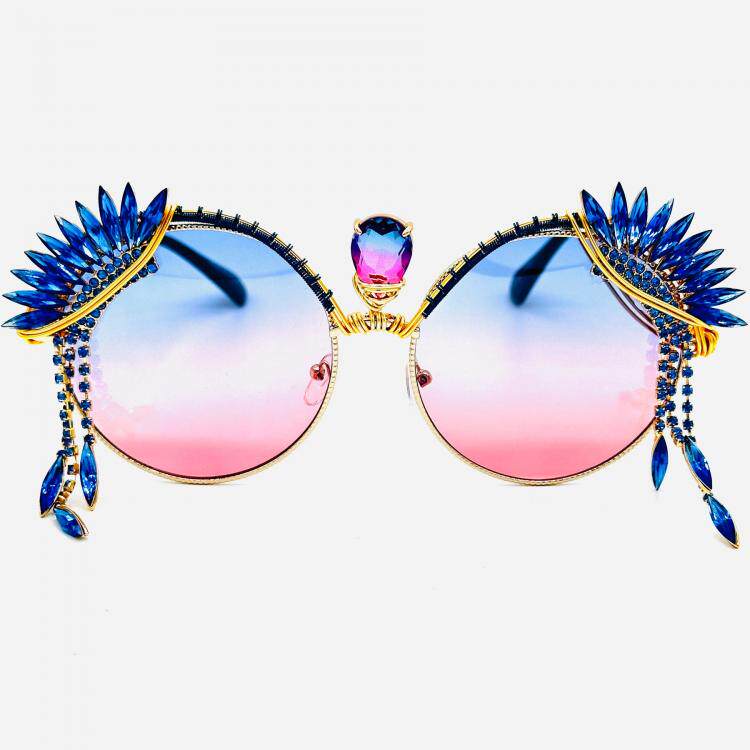 美国代购Round◇手作圆形渐变色水晶链装饰精致墨镜女士太阳眼镜