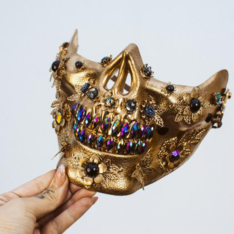 捷克代购Skull◇手作复古哥特金色骷髅花丝花朵水钻cosplay面具