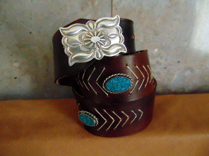 希腊代购Brown◇手作部落棕色皮革真皮绿松石宝石纯银皮带腰带