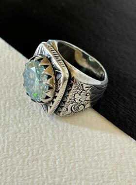 土耳其代购Ring㊣ 手作精致时尚复古雕刻纯银镶嵌蓝色莫桑石戒指