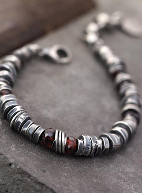 中性纯银复古红色石榴石手链银珠