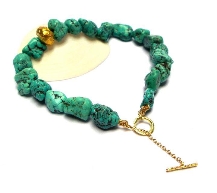 以色列代购Turquoise㊣ 手作华丽精致18k金链子绿松石串珠手链