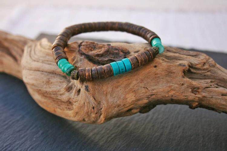 西班牙代购Turquoise◇手作绿松石椰子珠木珠青铜圆形男士手链