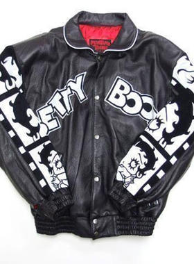 海外代购Doll◇古着复古90S可爱黑白色影片卡通娃娃皮革夹克皮衣
