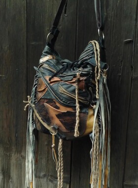波兰代购Crossbody㊣ 手作哥特黑色棕色仿旧流苏皮革单肩斜挎包