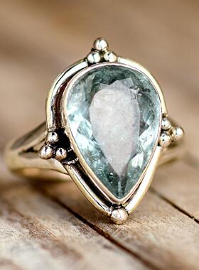 天然海蓝宝石水滴形镶嵌纯银戒指