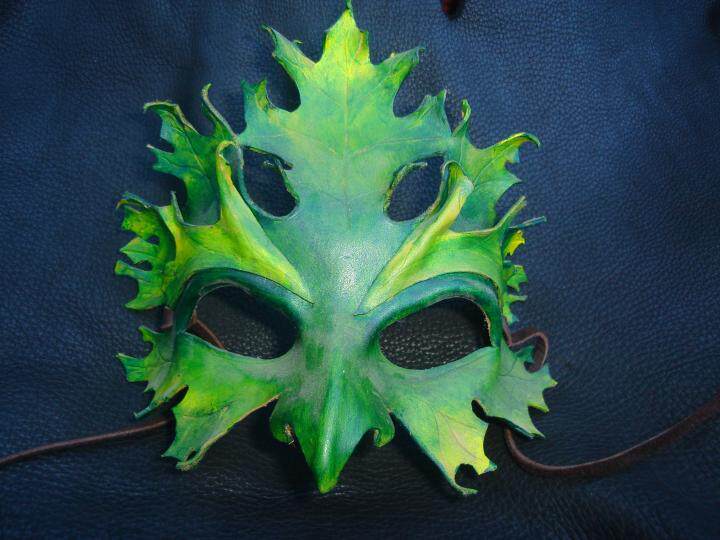 green㊣美国代购 手作绿人角色扮演森林守护者绿色树叶真皮面具