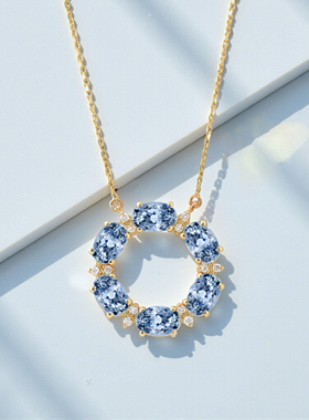 手作14K金镶蓝宝石光环项链