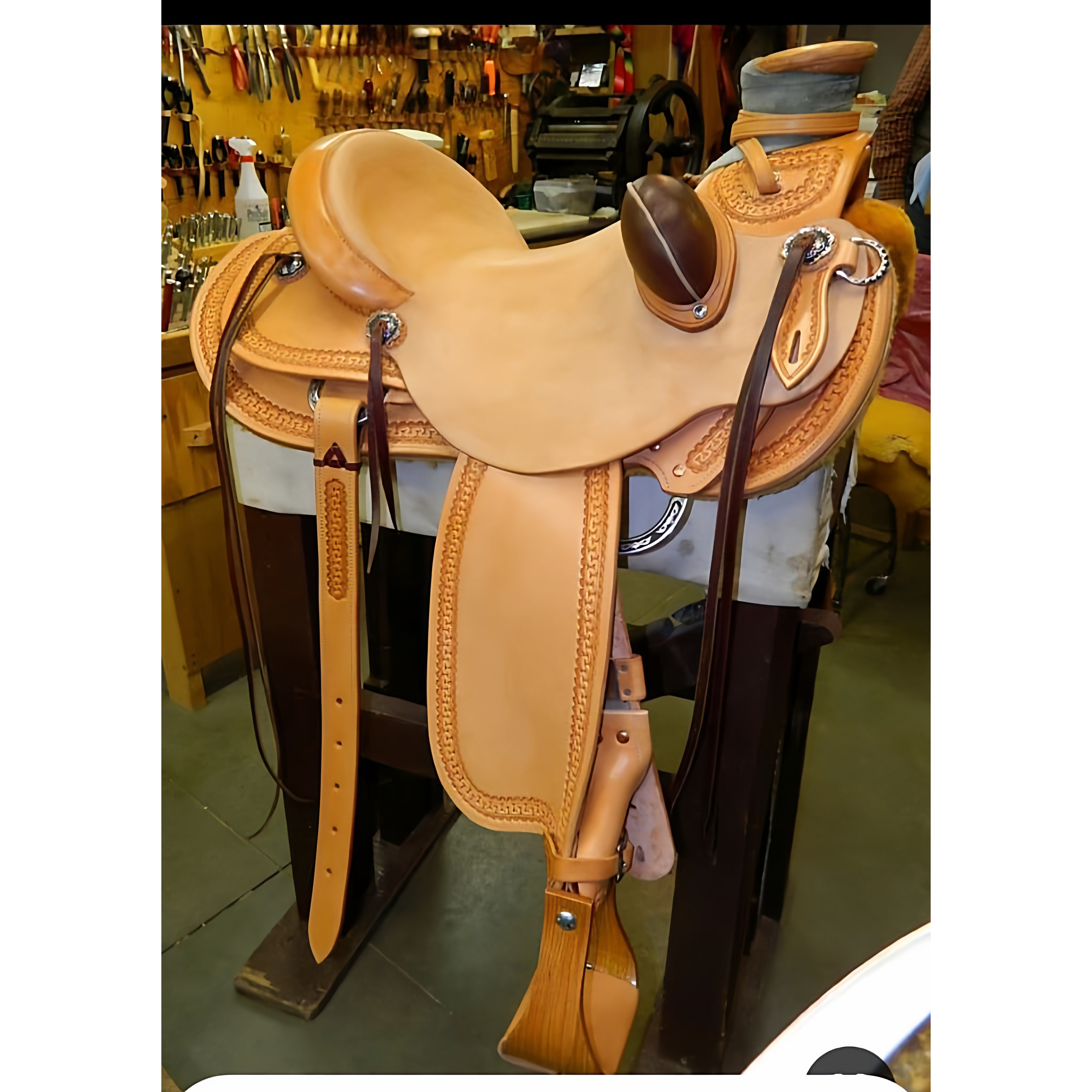 海外代购Saddle㊣ 手作复古浅栗色皮革雕刻休闲小道西部大角马鞍
