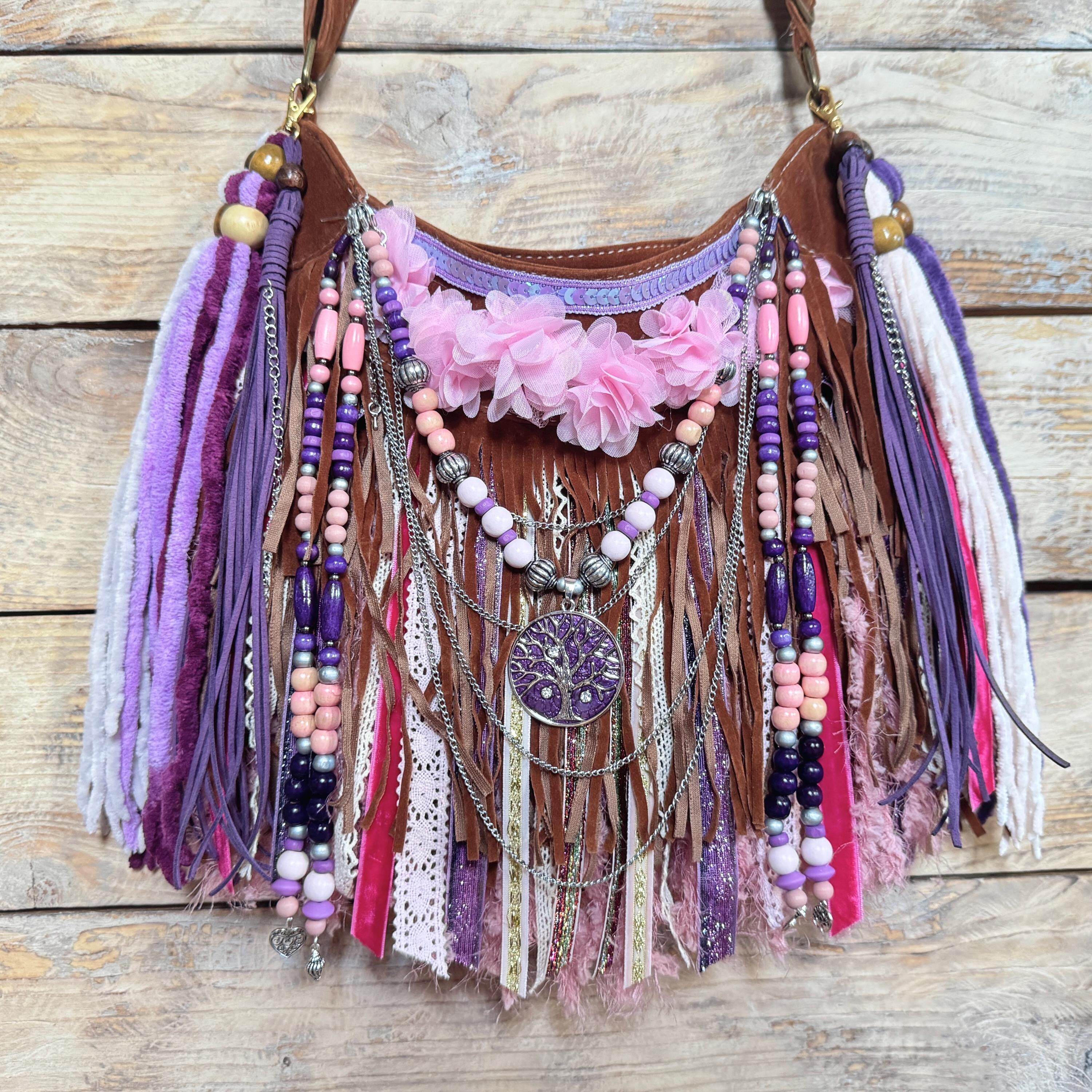 海外代购Boho◇手作波西米亚梦幻流苏花卉串珠刺绣斜挎包单肩包
