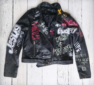 彩绘皮革机车夹克短外套 手作趣味街头时尚 俄罗斯代购 Jacket㊣