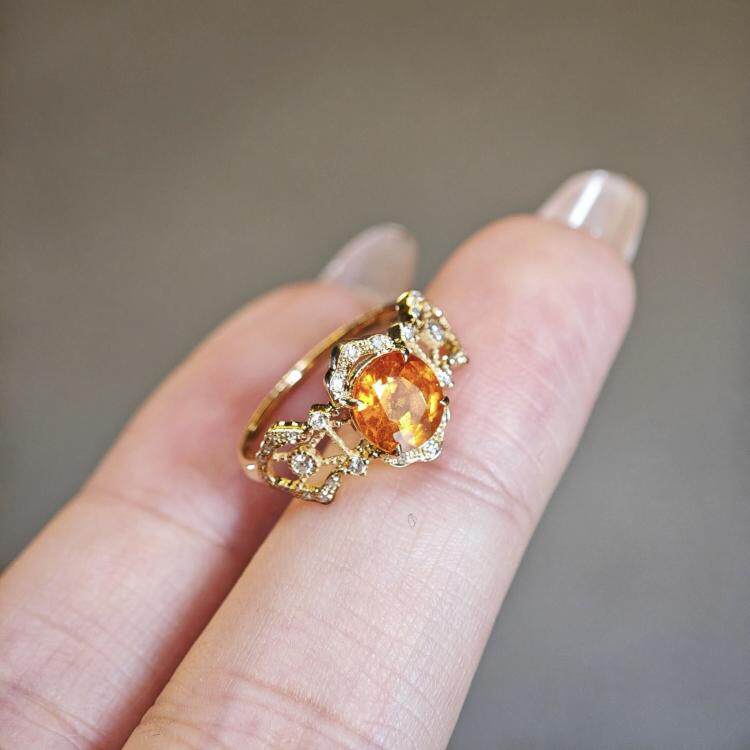 美国代购Garnet㊣ 手作华丽天然橙色石榴石明亮钻石镶嵌18k金戒指