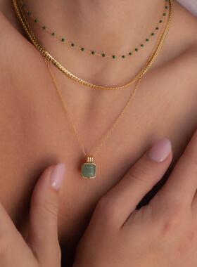 美国代购Necklace ▼手作复古绿色分层简约方形翡翠串珠吊坠项链