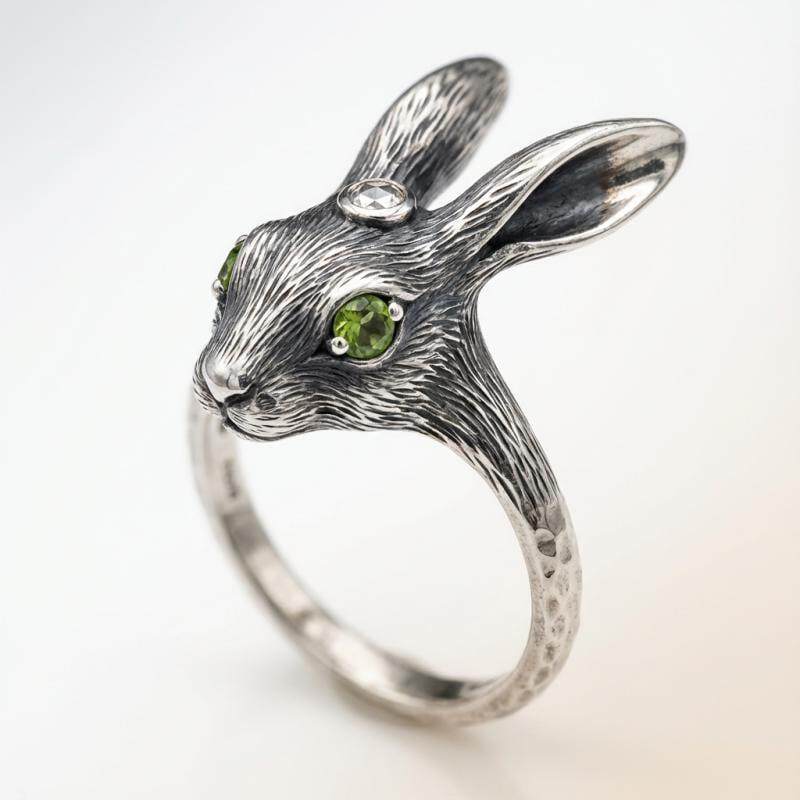 美国代购Rabbit◇手作复古兔子耳朵橄榄石宝石镶嵌氧化纯银戒指