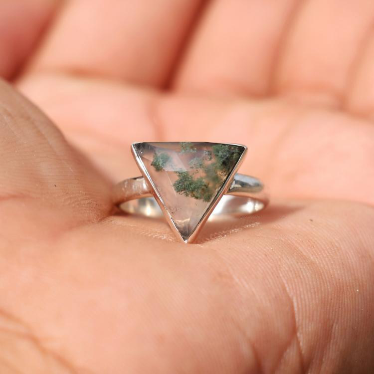 Triangle㊣海外代购 手作简约迷人苔藓玛瑙三角形宝石925纯银戒指