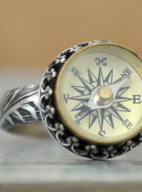 美国代购Compass◇手作复古维多利亚工作指南针镶嵌皇冠纯银戒指