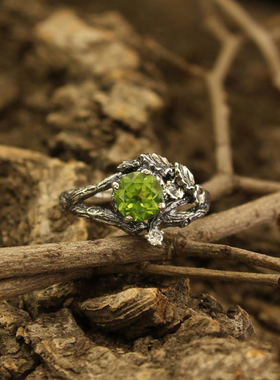 14K白金复古橄榄石钻石戒指镶嵌