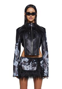 Jacket㊣美国代购 迷人骷髅图案拉链黑色皮革露背皮衣夹克短外套