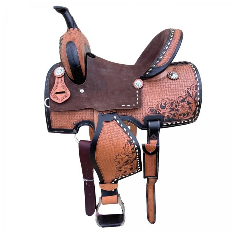 美国代购Saddle◇手作花卉图案银色海螺纹西部皮革桶形深座马鞍