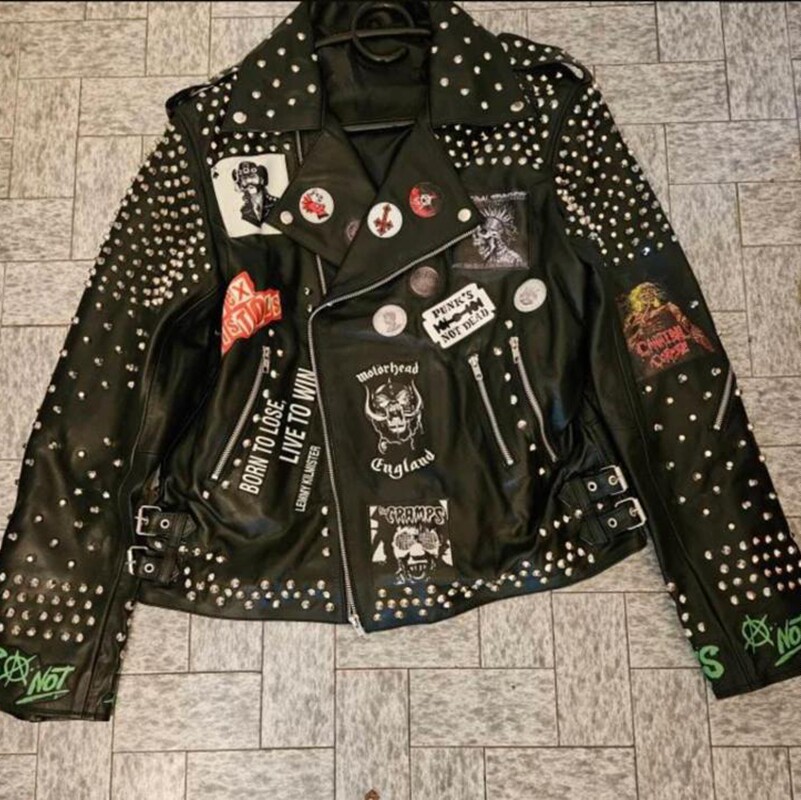 泰国代购Punk◇手作朋克摇滚银色铆钉补丁黑色真皮牛皮夹克皮衣