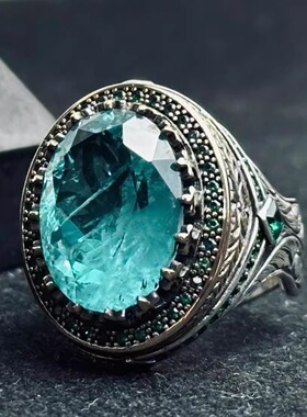 海蓝宝石镶嵌纯银男士印章戒指