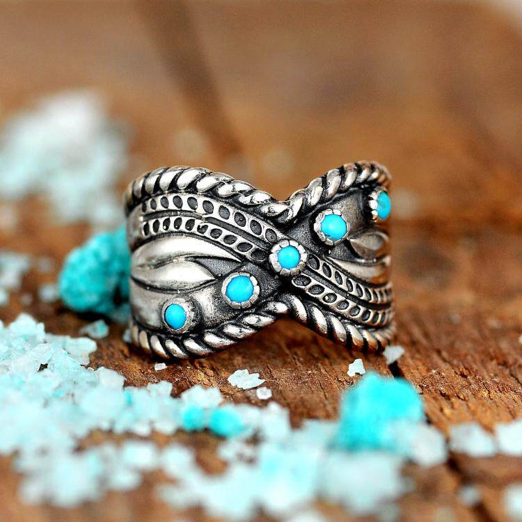 美国代购Jewelry㊣ 手作嬉皮波西米亚风绿松石镶嵌女士纯银戒指