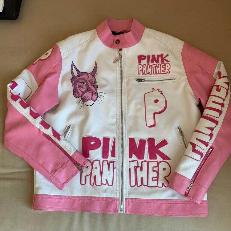 美国代购Panther ▼古着美式粉红豹粉白拉链摩托赛车短款夹克皮衣