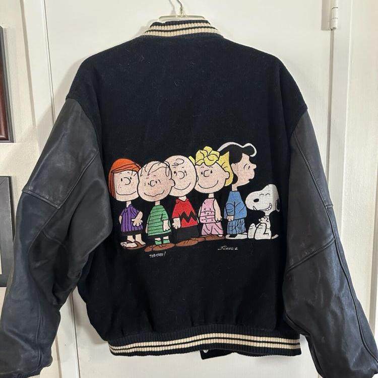 美国代购Jacket ▼古着经典卡通史努比查理布朗刺绣羊毛皮袖夹克