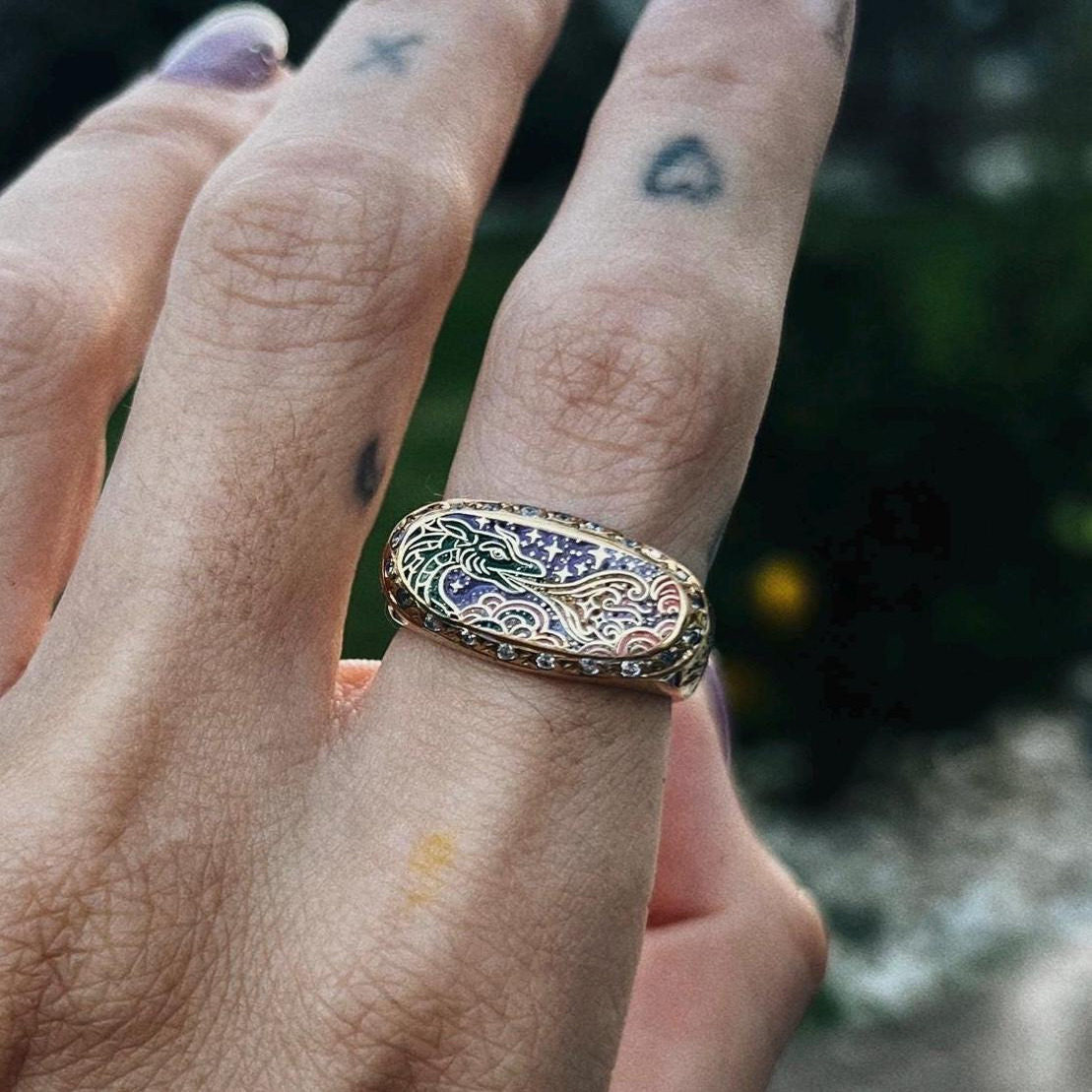 土耳其代购Enamel▽手作彩绘珐琅龙形戒指纯银镀金火焰之花龙戒指