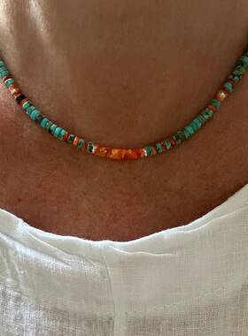 美国代购Necklace㊣ 手作精致蓝色绿松石橙色刺牡蛎黑石日落项链