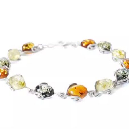 加拿大代购Bracelet㊣ 手作华丽多色波罗海琥珀宝石925纯银手链