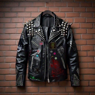 泰国代购 Biker◇手作机车摇滚金属铆钉哥特补丁派对牛皮夹克皮衣