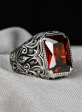 土耳其代购Garnet◇手作复古红色石榴石宝石镶嵌925纯银雕刻戒指
