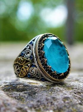 纯银蓝色帕拉伊巴戒指镶嵌花朵