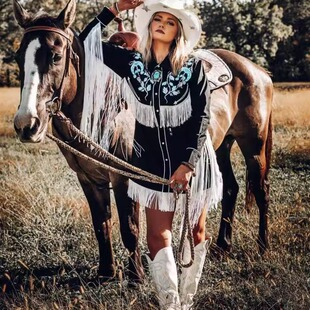 衬衫 手作波西米亚风精美刺绣流苏西式 连衣裙 Western㊣ 美国代购