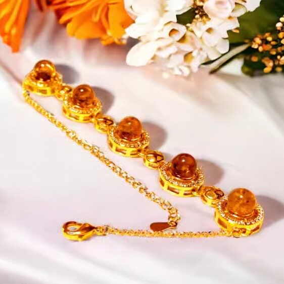 海外代购Bracelet㊣ 手作华丽天然琥珀镶嵌纯银镀金金色阳光手链