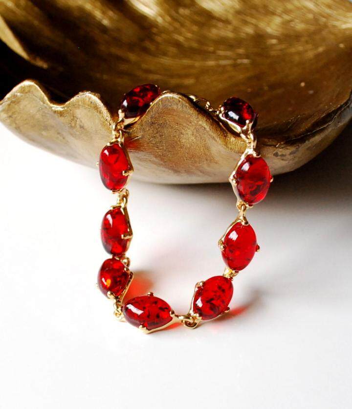 波兰代购Bracelet㊣ 手作天然抛光红色波罗海琥珀纯银镀金手链