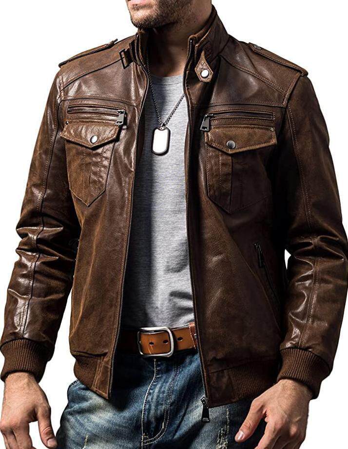 英国代购Leather㊣ 手作简约哥特朋克复古棕色皮革男士机车夹克