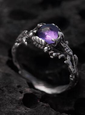 女士纯银叶子花蕾紫水晶镶嵌戒指