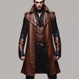 Jacket㊣ 翻领无袖 手作哥特式 冬季 大衣皮衣 棕色真皮男士 英国代购