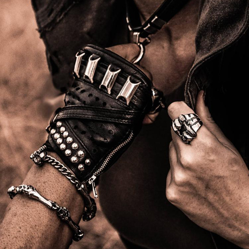 美国代购Unisex◇手作黑色皮革真皮无指中性摩托车骑行露指手套