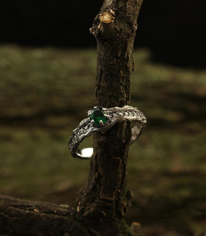 乌克兰代购Emerald◇手作复古绿宝石钻石森林小枝14K白金订婚戒指
