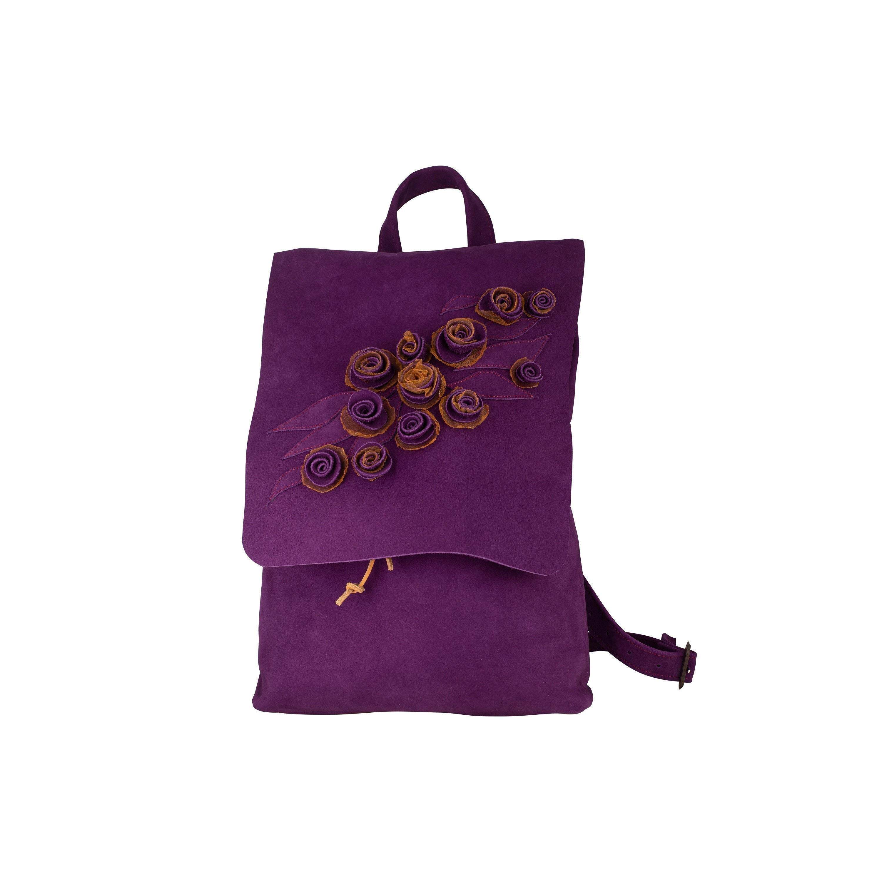 美国代购Backpack㊣ 手作玫瑰花装饰柔软紫色磨砂皮革双肩背包