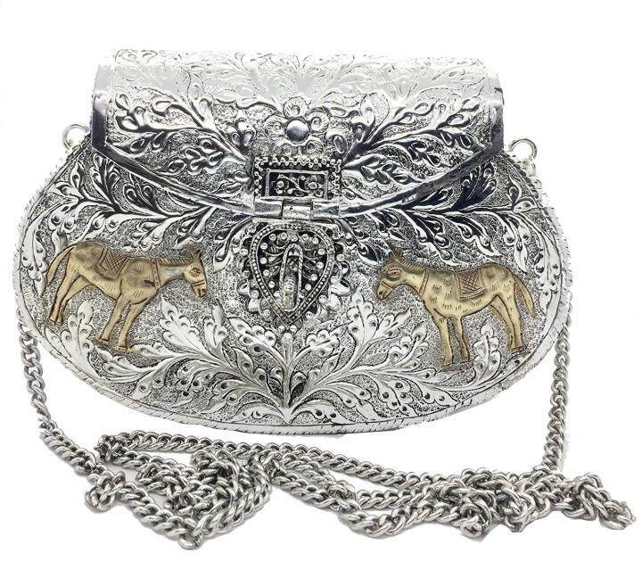 Handbag㊣海外代购 手作民族精美链条银色金属晚装包单肩斜跨包